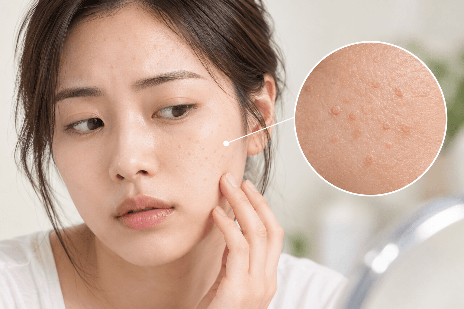 생기한의원 분당점에서 만든 얼굴에 나타난 작은 편평사마귀 형태의 돌기와 확대 관찰 장면을 표현한 AI 생성 이미지