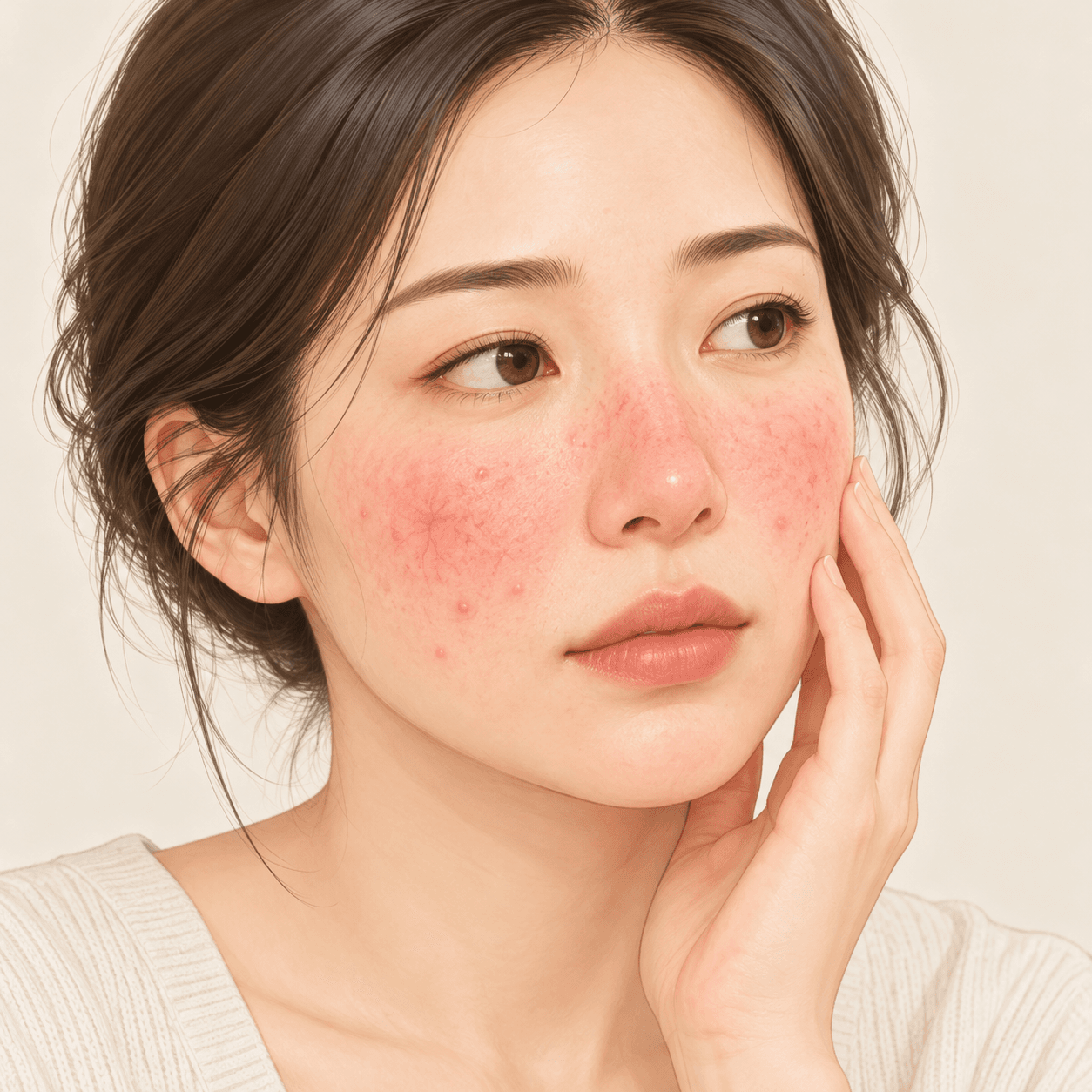 서현 분당 생기한의원 주사피부염의 홍조와 볼 주변 붉은 구진을 설명하는 AI 생성 삽화